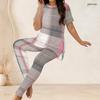 Women Plus Size Round Neck Short Sleeve Grey Pink Plaid Printed Long Top Fitted Pants Two Piece Set