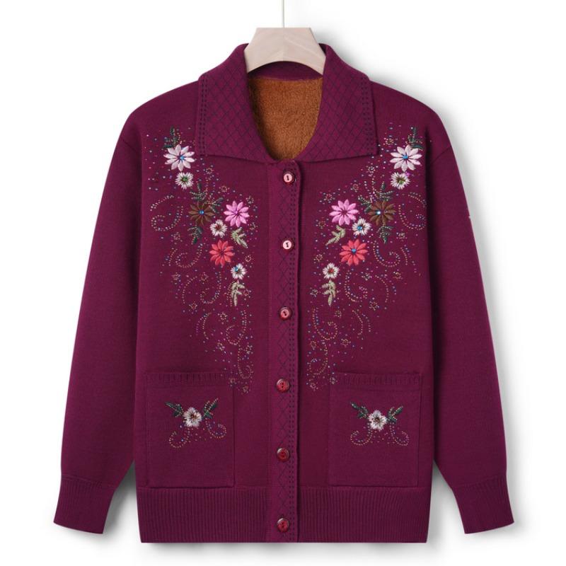 Grandma lapel fleece knitted sweater cardigan women's middle aged mother thickened sweater autumn and winter coat