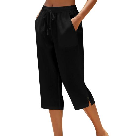 Women Cropped Pants Elastic High Waist Lace-up Straight Leg Casual Trousers with Pockets Breathable Summer Pants School Daily Wear