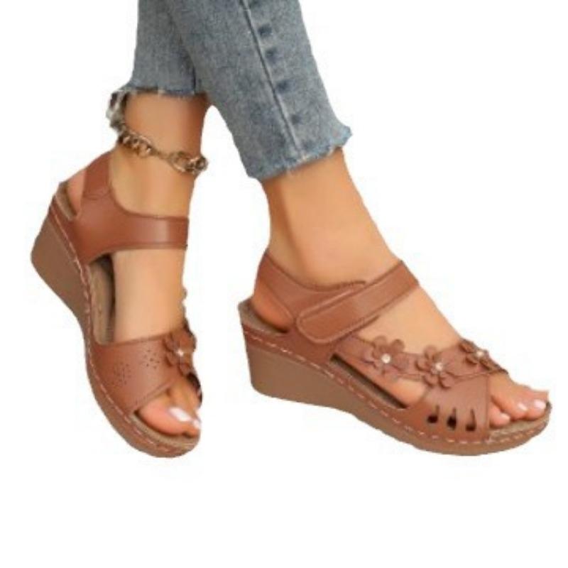 Large size wedge heel sandals women's summer new hollow flower thick sole one-word sandals beach women's sandals