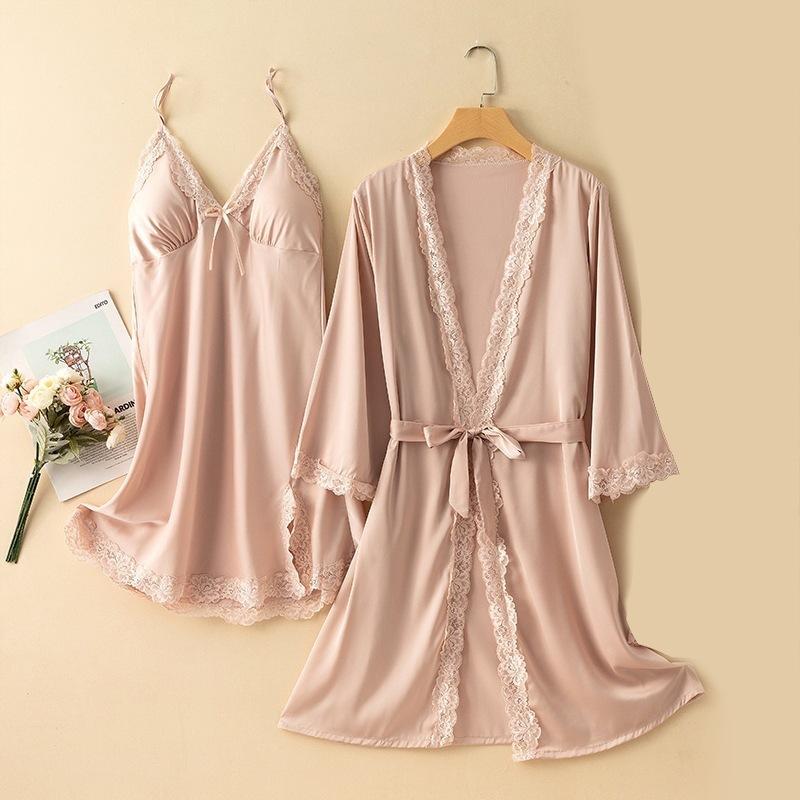 Long-sleeved Pajamas Women's Summer Ice Silk Thin Sleeping Dress Two-piece Set Spring and Autumn Sexy Pure Desire Wind Backless Loungewear