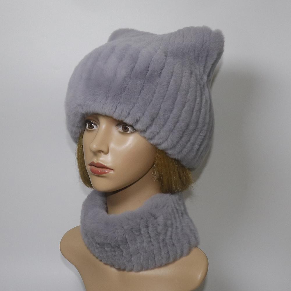 Winter Girls Fashion Fluffy Real Rex Rabbit Fur Hat Scarf Sets Warm Real Rex Rabbit Fur Cat's Ear Hats Women Good Quality Real Fur Cap Scarves