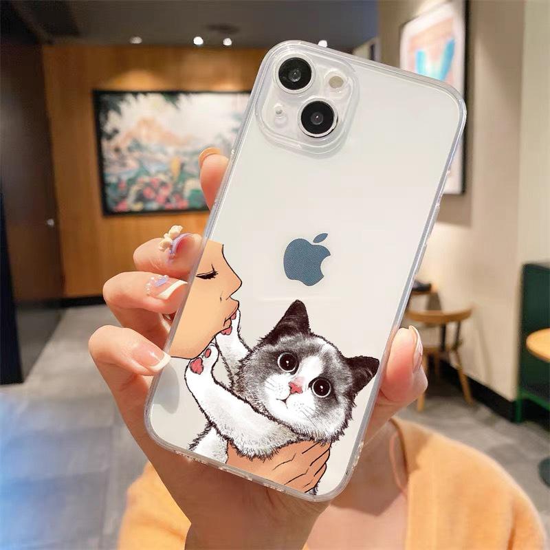 Kiss Cat Cute Kitten Cartoon Luxury Transparent Phone Case For iPhone 15 14 13 12 mini 11 Pro Max XS X XR SE 7 8 Plus Cover