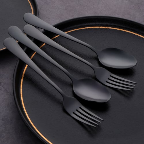 BISDARUN Dinner Spoons and Forks, 4-Piece Set, Serves 2, 18-0 Stainless Steel, Brushed Satin Finish, Dishwasher Safe, Available In 4 Colors, Blackc