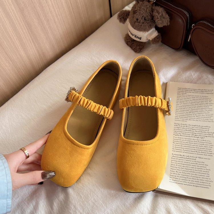 

French square head Mary Jane shoes women s suede flat-soled single shoes rhinestone buckle pleated belt with skirt temperament grandma shoes tide 35