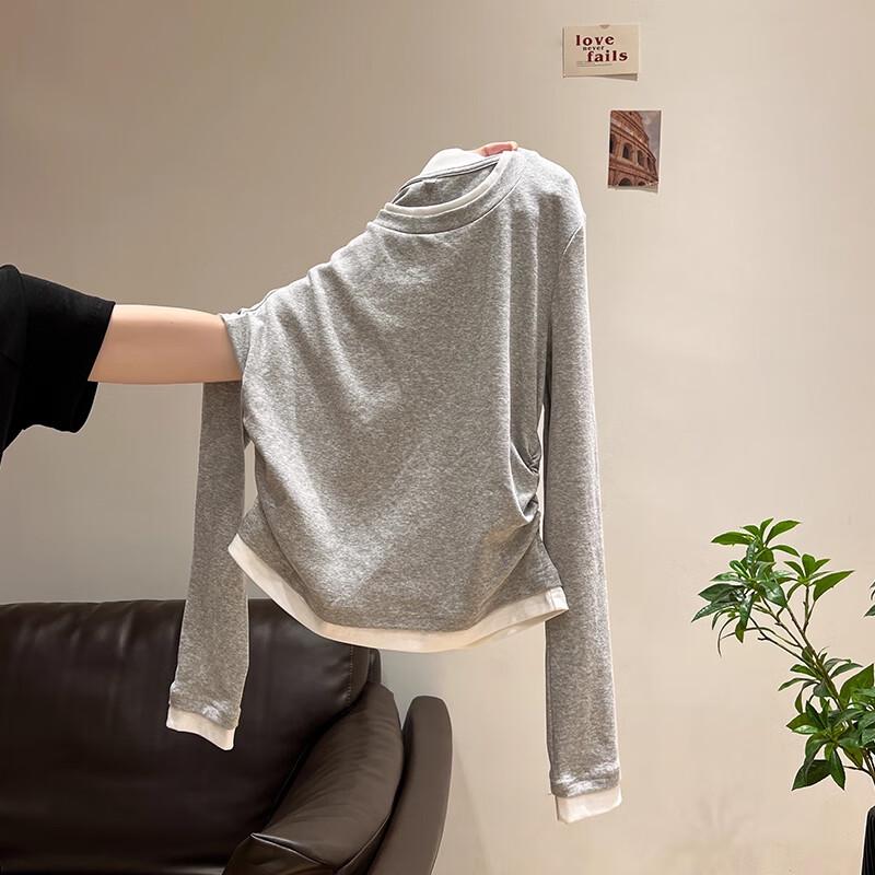 Women's Fake Two-Piece Pleated Long Sleeve T-Shirt