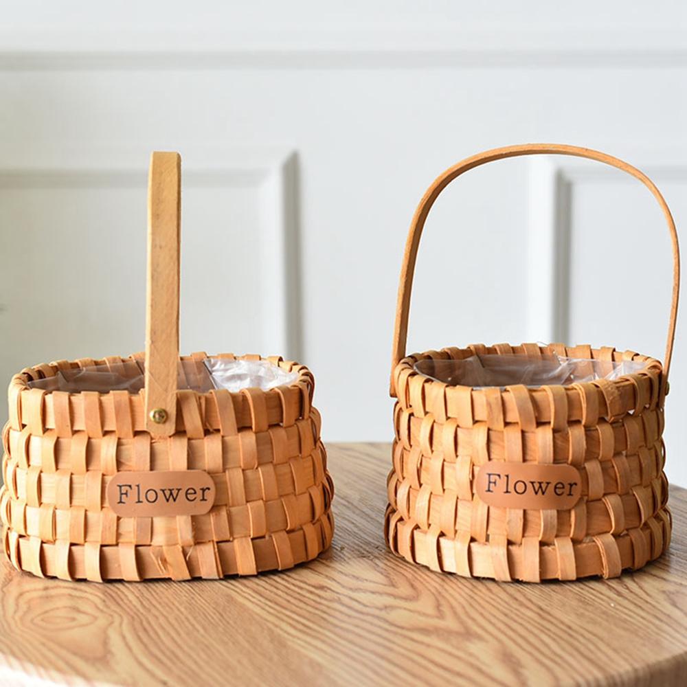 Hand-woven Picnic Fruits Vegetable Bread Serving Storage Baskets Wooden Chip Rattan Storage Basket with Handles Storage Basket