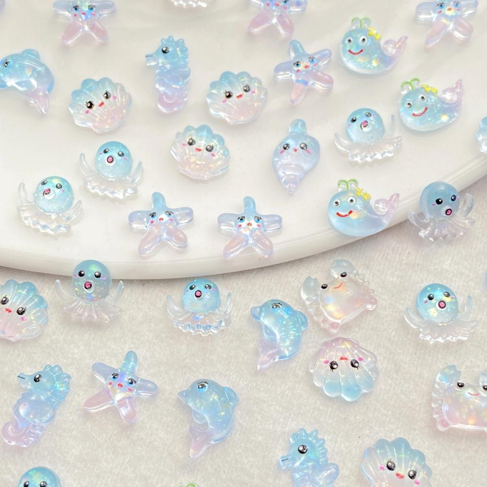 60pcs Resin Mini Blue Jellyfish Seahorse Starfish Pearl Shell Art Nail Flat Back Rhinestone DIY Scrapbook Christmas Crafts