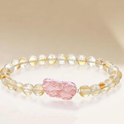 Ladies Round Bead Bracelet Citrine Strawberry Quartz Pixiu, Handmade Fresh Style Travel Gift