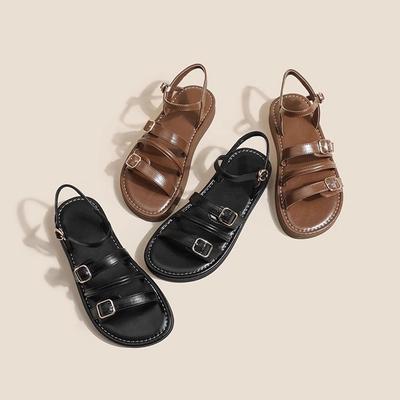 Soft Leather Roman Sandals Female Summer 2025 New Outer Wear Fairy Style Retro Open Toe Word with Flat Beach Shoes