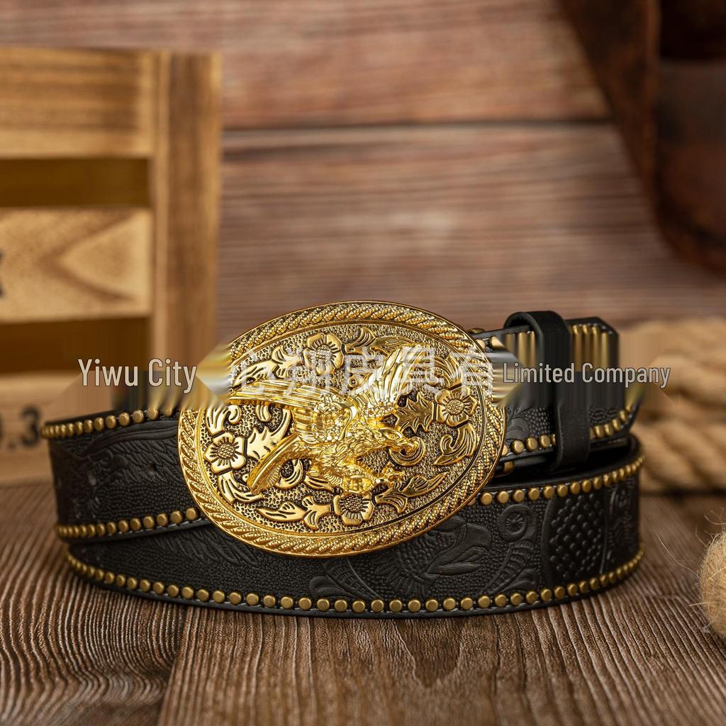 Western Cowboy Gold Lace Accent 3D Buckle Retro PU Leather Belt