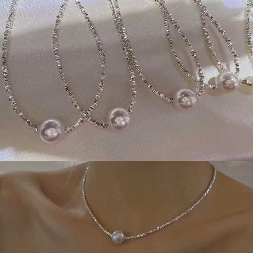 Shi Jia Women's Large Pearl Silver Necklace, S925 Sterling Clavicle Chain, Light Luxury High-End Design