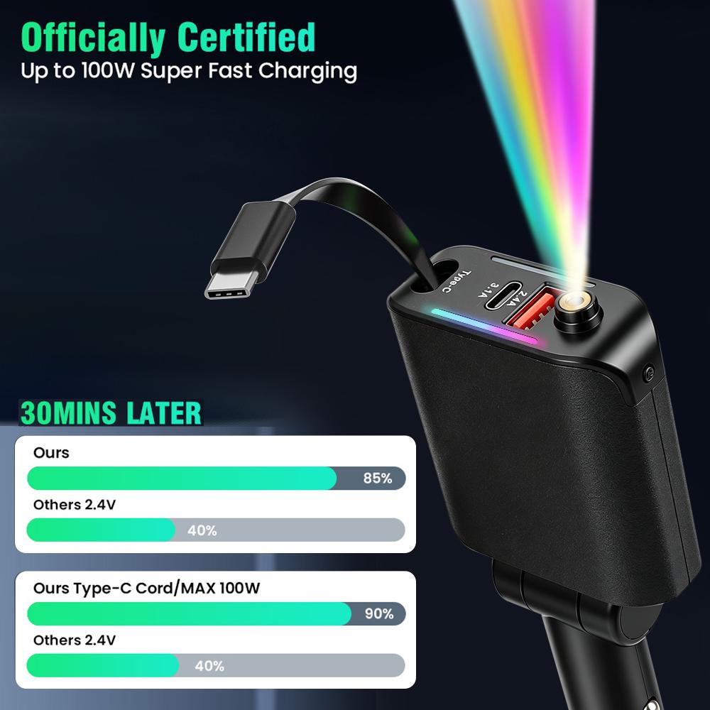 100W Car Charger with Roof Starlight Fast Charging PD 30W Type-C Retractable Cable 3 Charging Ports Phone Charger For Android