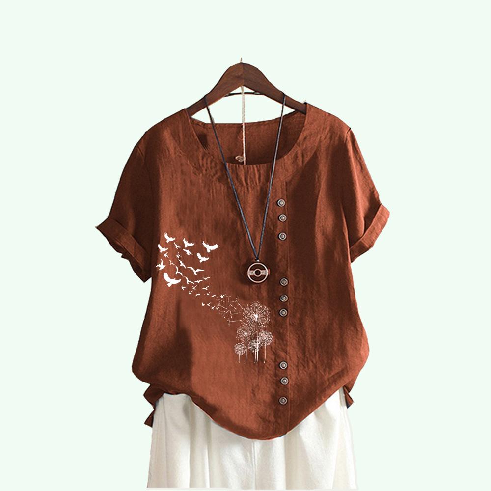 Damenmode Löwenzahn Print Kurzarm T-Shirt Sommer Casual Rundhals Pullover Lose Baumwolle Leinen Blusen