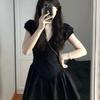 Black Niche French Temperament V-neck Dress Summer Women's Clothing Waist Thin Skirt Small Retro Short Skirt