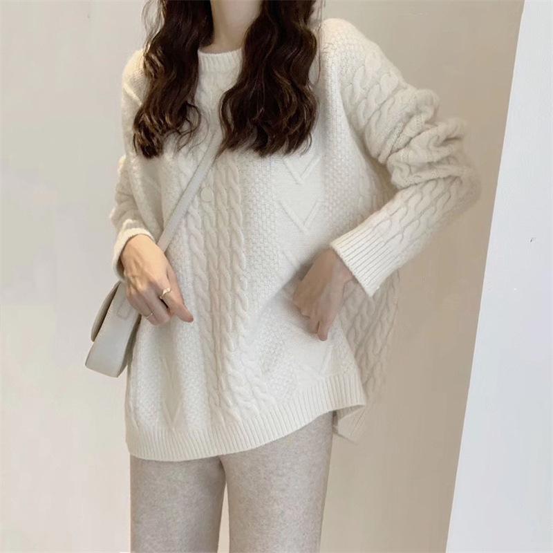 Crew neck retro twist solid color pullover sweater women's autumn and winter new wool bottoming knitted sweater