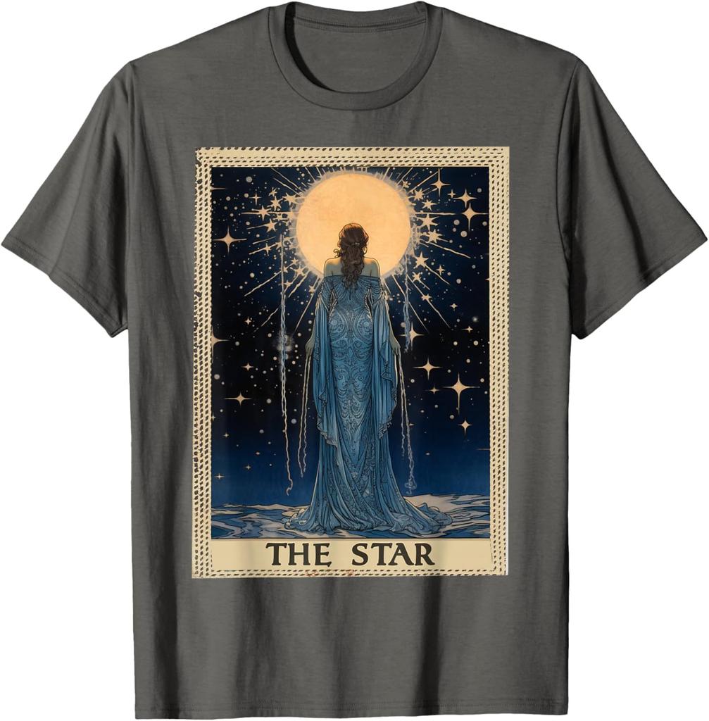 Das Stern Tarotkarten Grafik-T-Shirt Vintage-Stil Astrologie Himmlischer Druck Herren Kurzarm-T-Shirt