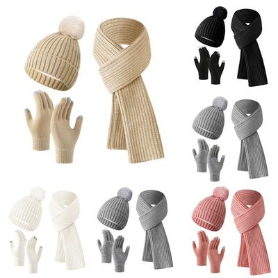 3Pcs/Set Soft Knitted Hat Warm Winter Warm Mitten Gift Touchscreen Gloves  Outdoor