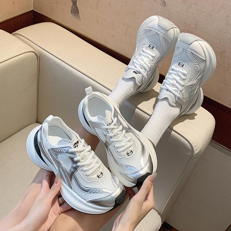 Silver Breathable Dad Shoes New Summer Thin Sports and Leisure Shoes Platform Mesh
