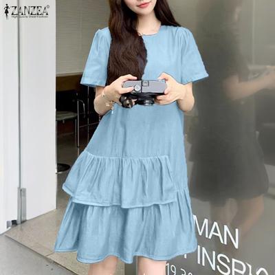 Women Casual Round Neck Summer Short Sleeve Ruffles Dress