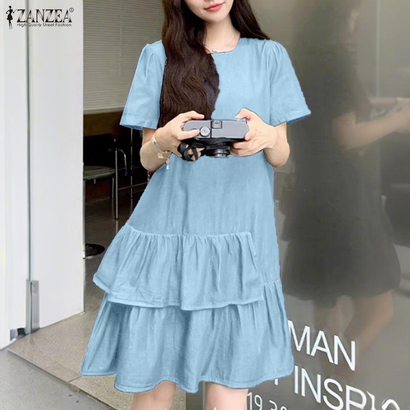 ZANZEA Women Casual Round Neck Summer Short Sleeve Ruffles Dress