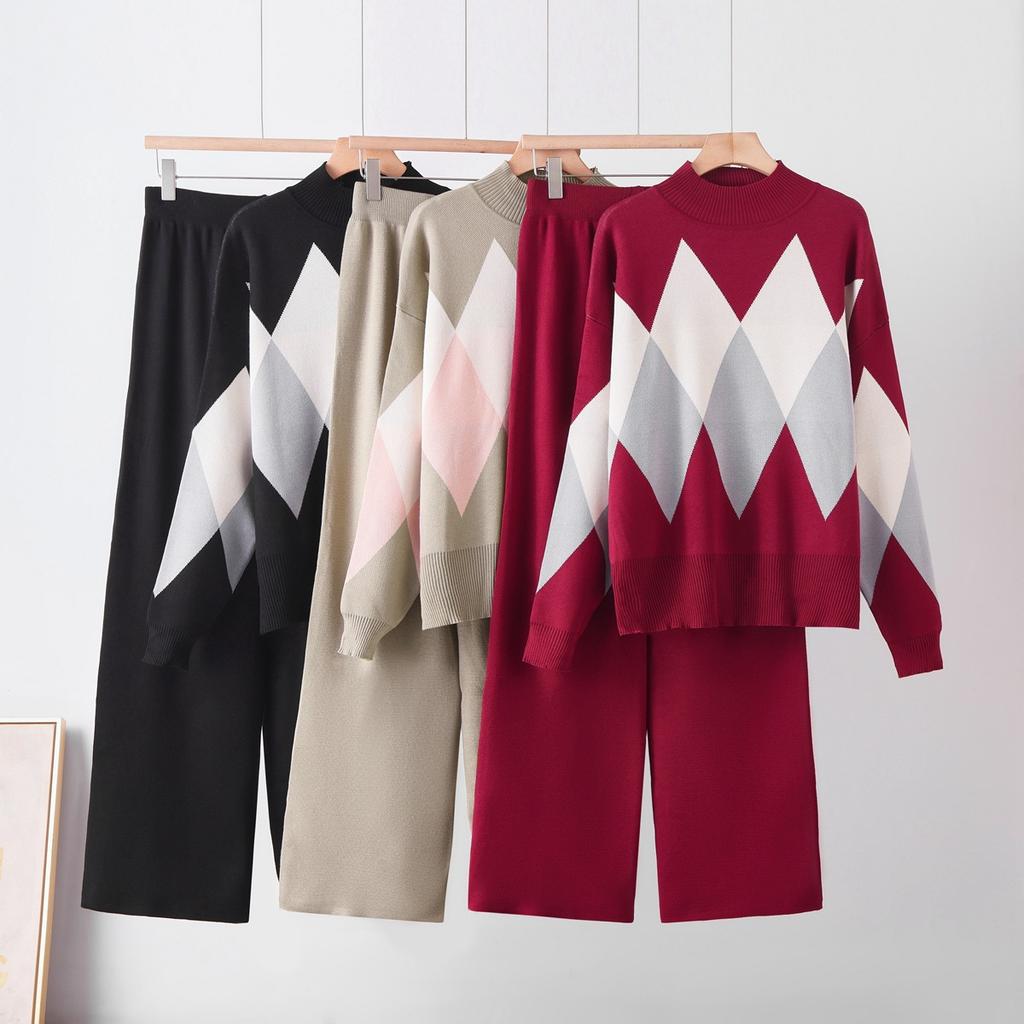 European and American fashion suit autumn and winter new loose round neck versatile sweater + casual wide-leg pants two-piece set for women