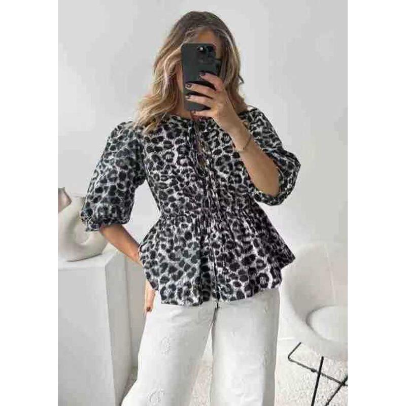 

Fashion Leopard Print Loose Puff Sleeves Crew Neck Shirt Versatile Casual Top Leopard Lace up Shirt Grey S