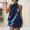 Women Plus Size Halter Neck Sleeveless Open Back Printed Faux Two Piece Layered Mini Dress