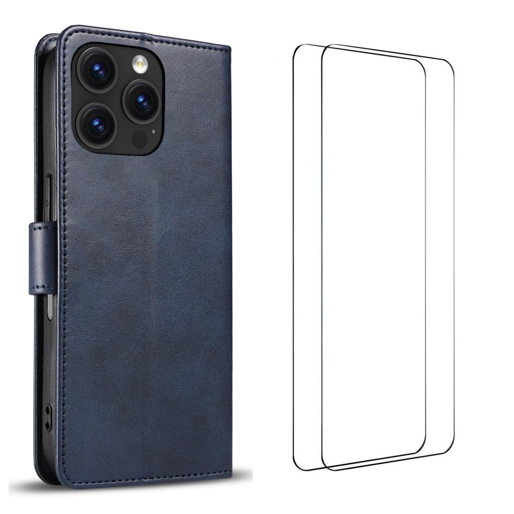 For iPhone 16 Pro Case with 2Pcs Tempered Glass WANLONFENG WN Series Calf Texture Leather Phone Cover Big Cutouts