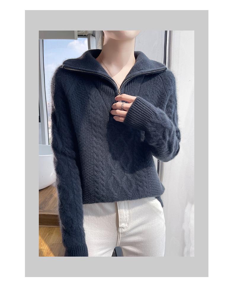 Women's Heavyweight Thickened 100% Wool Half-Zip Sweater, Autumn/Winter Fashion, Versatile Knitwear with Large Turn-Down Collar.