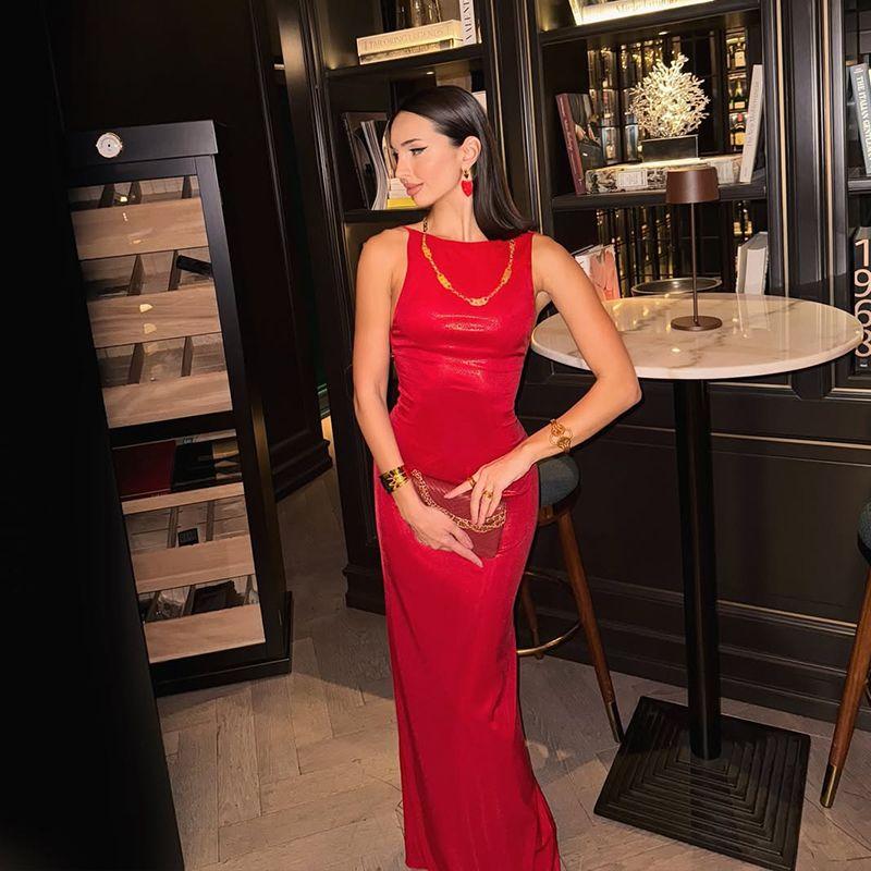 Cnyishe Elegant Graceful Fancy Accessible Luxury Long Dress Red Slim Fit Open Back Sling Dress