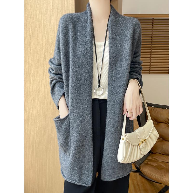 Women's Autumn Mid-Length Wool Knit Cardigan with Pockets - Loose, Lazy Style Shawl