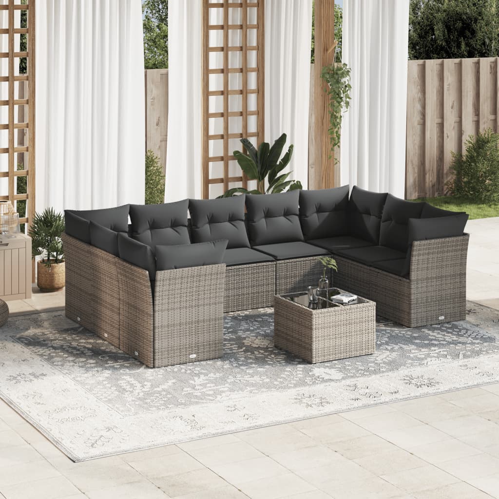 10-teiliges Gartensofa-Set mit Kissen Graues Poly-Rattan