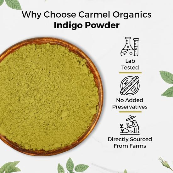 CARMEL ORGANICS Indigo Leaves Powder (800 Grams) – Natural Hair Colorant for Black/Brown Hair, Includes Gloves & Hair Cap, No Added Colors