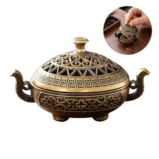 Mini Incense Coil Burner Chinese Style Vintage Hollow Dual-ears Three-Legged Zinc Alloy Incense Cone Holder Home Office Desktop Decoration
