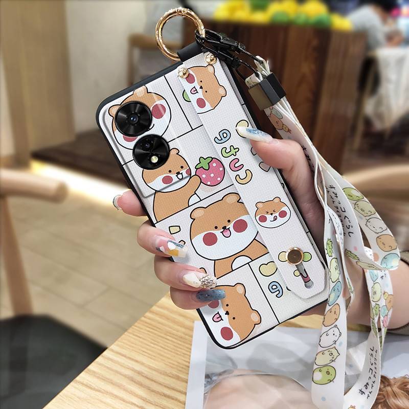Protective Wrist Strap Phone Case For TCL 505/T509K/T5094 Durable Lanyard Wristband Cute Back Cover Cartoon Silicone
