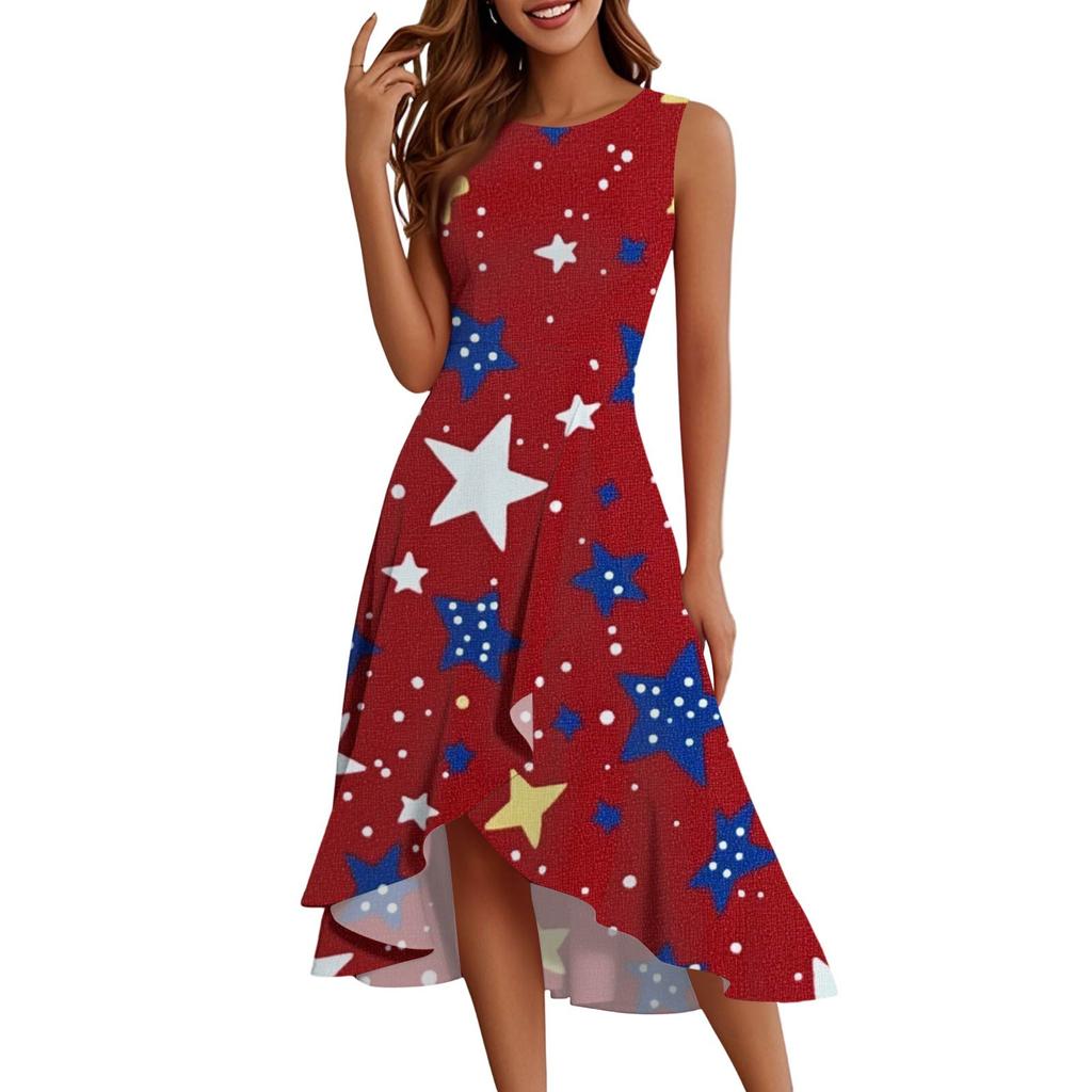 Women's Fashion Casual Zip Sleeveless Round Neck Independence Day Printed Elegant Temperament Ruffles Dress Dresses