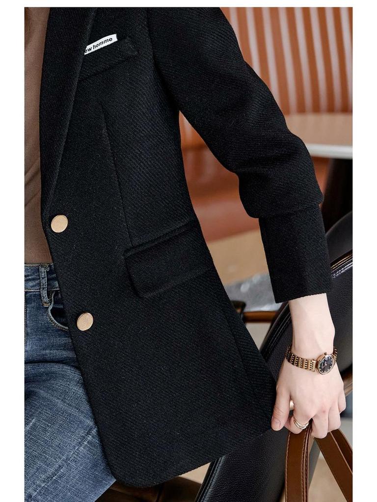 Women's Black Wool Suit Jacket - Autumn/Winter 2025, Petite Fit, Stylish Casual, Thick & Padded
