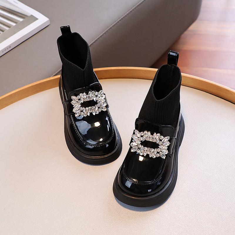 

Kids Ankle Boots for Girls Autumn Girls Shiny Mary Jane Shoes Soft Sole Preppy Style Kids School Slip-on Boots Age 5-8 26 чёрный