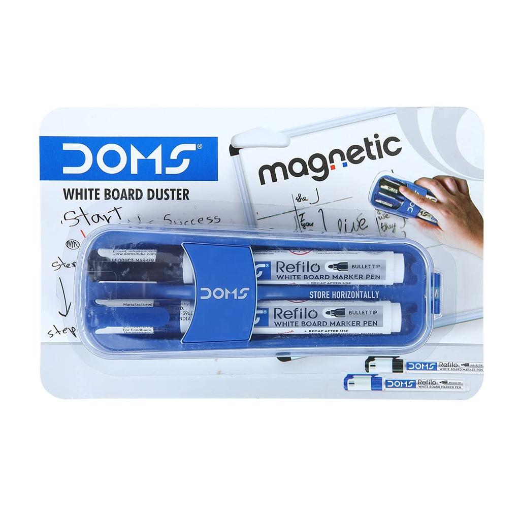 DOMS Fine Magnetic Whiteboard Duster Marker Set White Board Markers Blue Black Ink Set of 2 Markers & 1 Duster Pack of 1