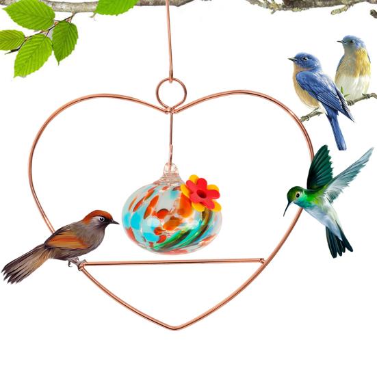 Heart-Shaped Hummingbird Feeder Hanging Water Feeder with Perch Colorful Glass Bottle Wire Frame Hummingbird Feeder for Porch Yard Garden Outdoor