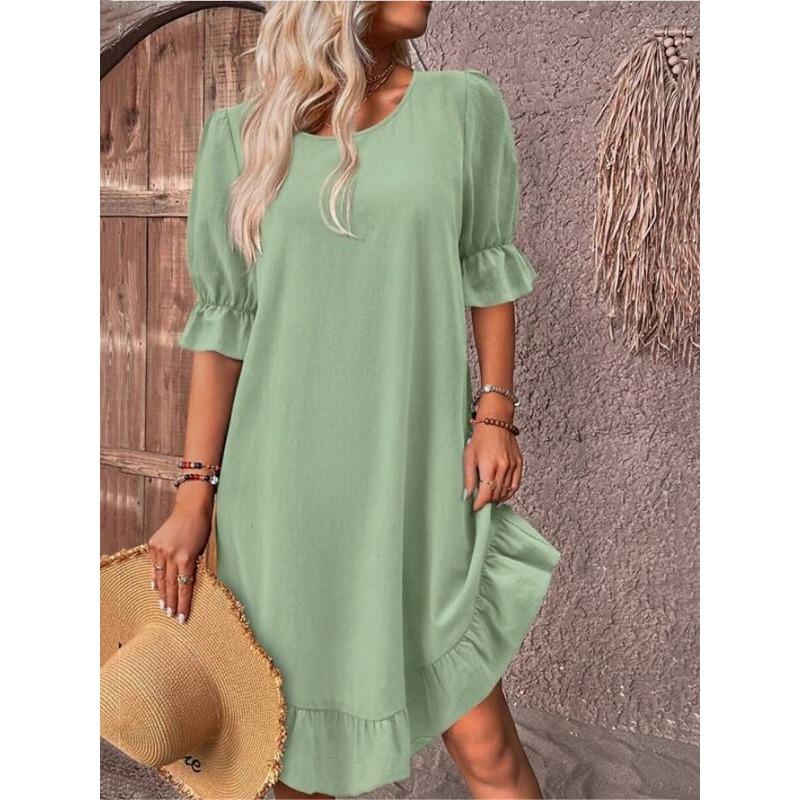 Frühling Sommer Retro Rundhals Kurzarm Damenkleid Mode Elegnt Einfarbig Locker A-Linie Partykleider Lässig Schlicht Rüschen Bürokleidung