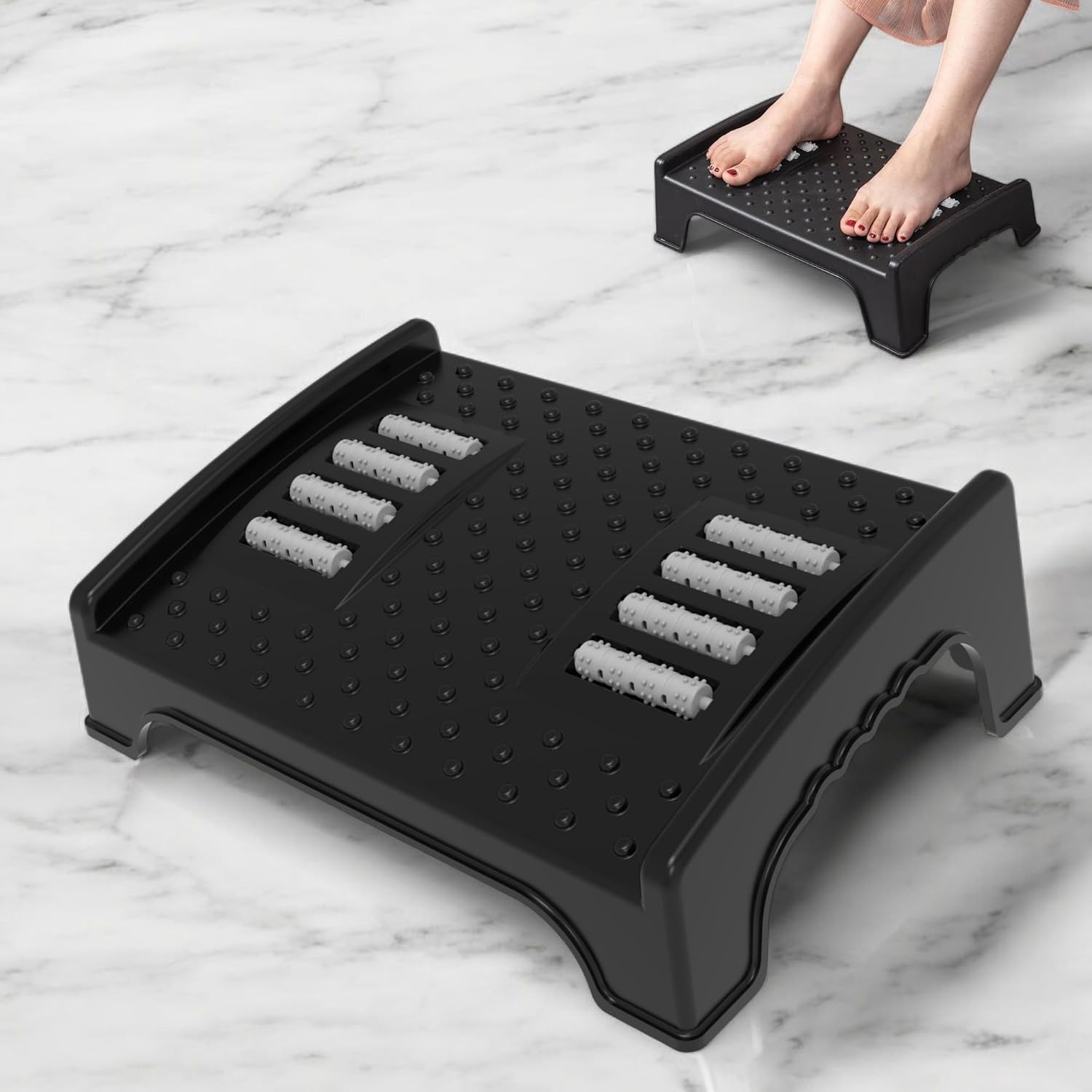Ergonomic Under Desk Foot Rest with Massage Rollers, 40 x 29 x 12.3 cm, Anti-Slip Design, Black, Plastic