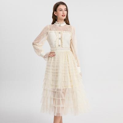 Spring Autumn Women Luxury Diamond Button Tweed Lace Patchwork Long Maxi Cake Princess Party Dresses