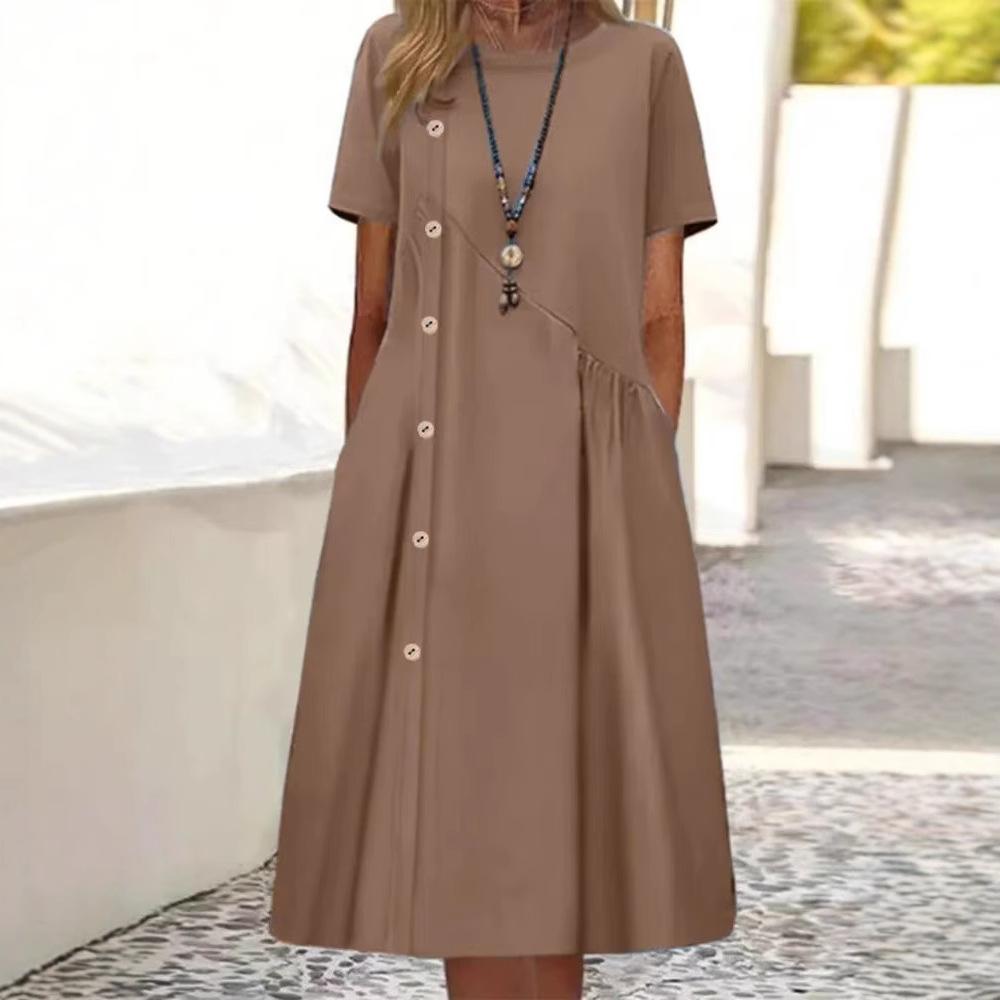 Women's Fashion Summer Spring Solid Color Print Short Sleeve O-Neck High Waist Casual Dresses