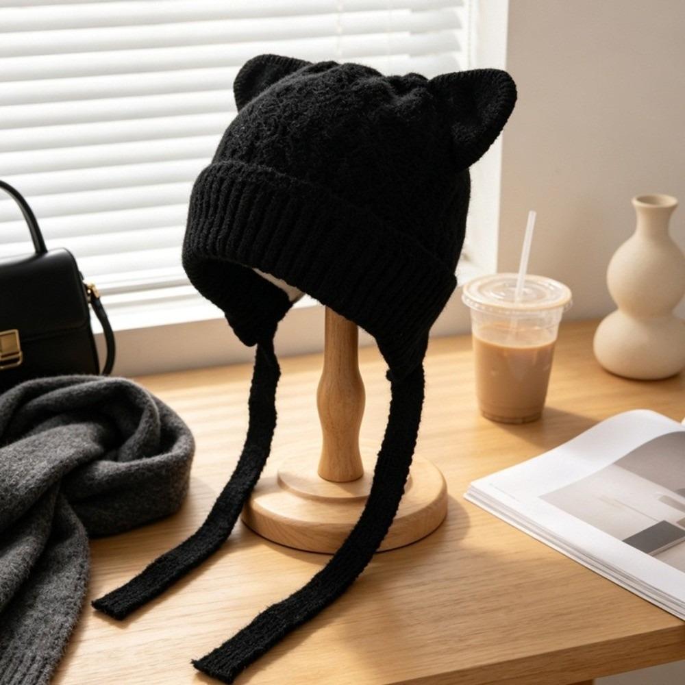 Warm Knitted Cat Ear Knit Hat Windproof Head Cover Korean Style Soft Beanie Winter Commuting
