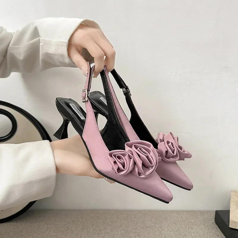 Pointed Flower High Heels Sandals for Women  Summer Fashion Sexy Pointed Toe Mules Shoes Woman Back Strap Party Dress Pumps