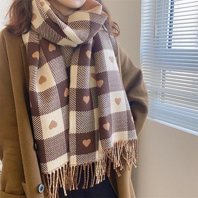 Fleece-Like Cashmere Scarf Women's Winter Heart Plaid Thickened Fringed Korean Style Fashion Versatile Shawl Neck Warmer