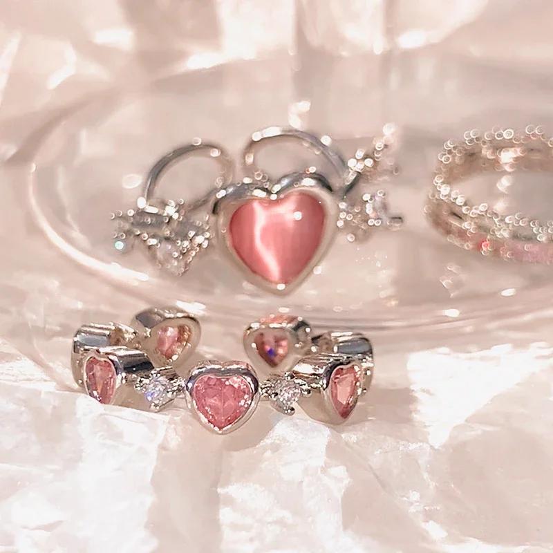 Pink Diamond Heart Opening Ring, Niche Design Thorn Ring, Women'S Personalized Layered Light Luxury High-End Ring