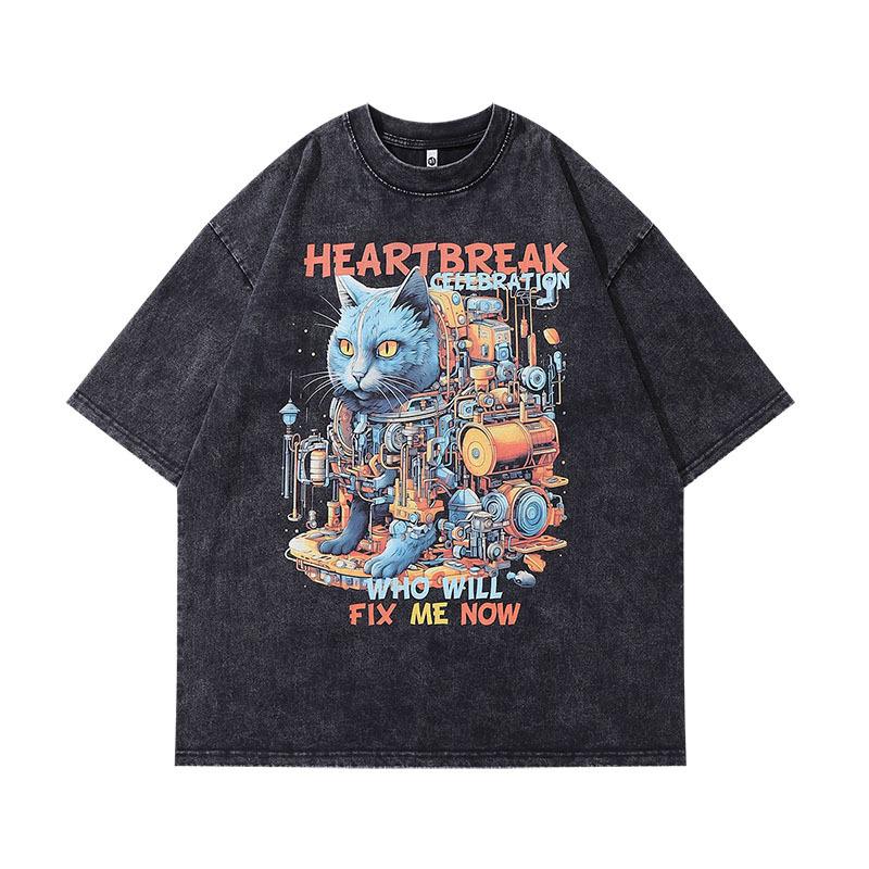 European And American High Street Abstract High Definition Printing Heavy Old Short Sleeve T-Shirt Men And Women Retro Washing Water Half Sleeve Base